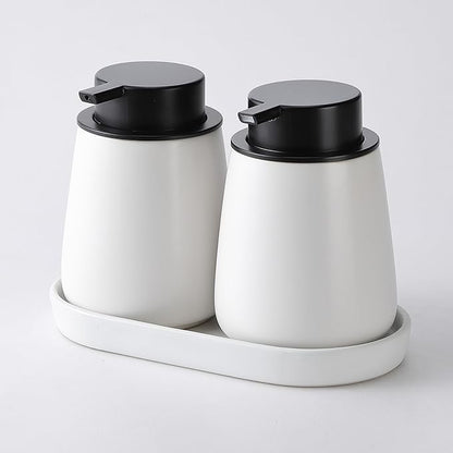2 Pack White Round Soap Dispenser Tray - 8'' Ceramic Vanity Tray & Organizer Plate Set, Bathroom & Kitchen Countertop Decor for Soap Dispenser, Jewelry, Cosmetics, Sink