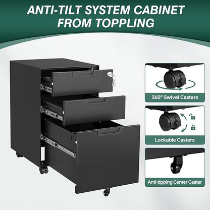 Mobile File Cabinet,3 Drawer Locking Storage Filing Cabinet,Office Metal Storage Cabinet on Wheels for Legal/Letter/A4 File(Fully Assembled，Black)