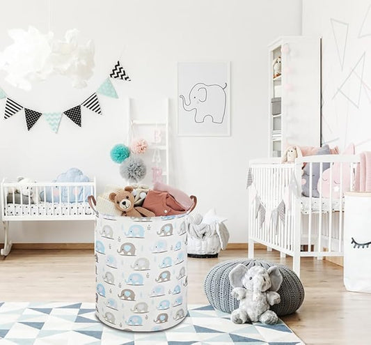 Laundry Hamper, Elephant laundry Basket, Nursery Hamper, Waterproof Storage Bin for Bedroom, Clothes Organizer Basket, Room Decor(Blue Elephant)