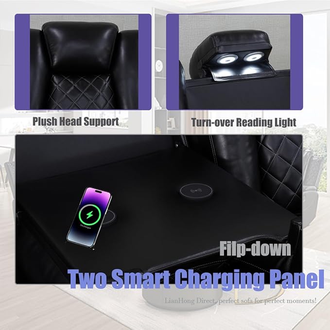 Power Recliner Sofa Set, Power Sectional Sofa for Living Room, Black Breathing Leather Sectional Couch, Loveseat and Chair Sets with LED, USB Charging, Cup Holders, Storage for House/Office
