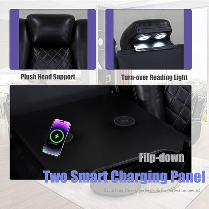 Power Reclining Sectional Sofa with LED, Power Recliner Sofa Set for Living Room, Black Leather Reclining Sectional Recliner Couch with USB, Cup Holders, Storage for Home/Office/House