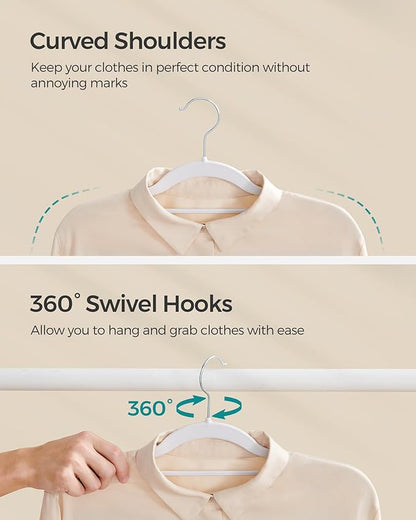 SONGMICS Pack of 50 Coat Hangers, Space-Saving Plastic Clothes Hangers, Non-Slip, 0.2 Inches Slim, 16.5 Inches Wide, 360° Swivel Silver Hook, White UCRP20WT50