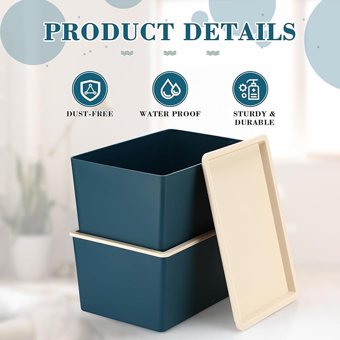 Menkxi 6 Pcs Large and Small Plastic Storage Bins with Lids 14.4 x 10.4 x 5.1 Inch Stackable Storage Containers Decorative Cubby Organizer for Clothes Shelves Garage Closet Office (Blue)