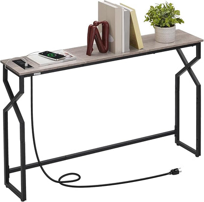 Console Sofa Table, 44.9" Entryway Table with Charging Station, Narrow Couch Table, Hallway Table, Sofa Table with USB Ports, Metal Frame, for Entrance, Living Room, Greige CTHG113E01