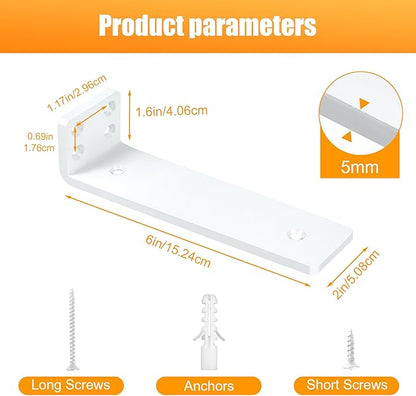 White Floating Shelf Brackets 6 inch, Heavy Duty Wall Shelf Bracket 8 Pack for Shelves Support, Hidden Metal L Brackets with Mounting Hardware (1/5'' Thick)