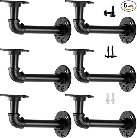 Janyang Industrial Pipe Shelf Brackets for 8 10 12 14 inches Board, Iron L Pipe Floating Shelves, Heavy Duty Metal Shelving Brackets - 6 Pack Black
