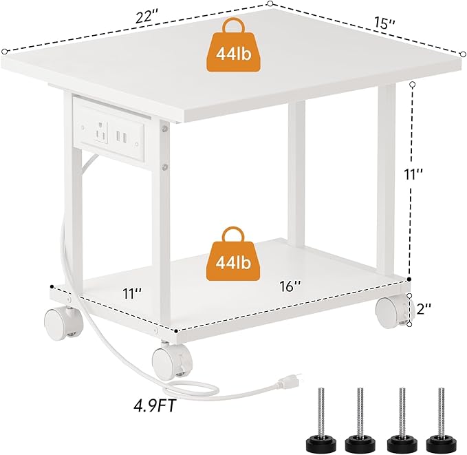 Printer Table, 2-Tier Under Desk Printer Stand with Charging Station, Printer Stand with Wheels, PrinterShelf for Small Spaces, Printer Cart for Home Office White