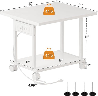 Printer Table, 2-Tier Under Desk Printer Stand with Charging Station, Printer Stand with Wheels, PrinterShelf for Small Spaces, Printer Cart for Home Office White