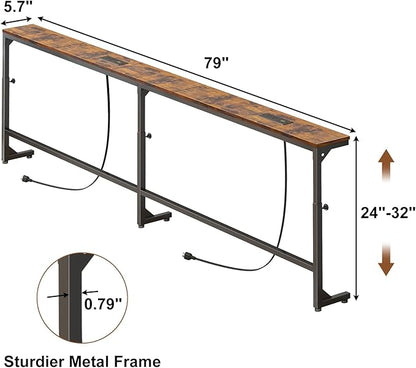 YGEOMER 79in Behind Couch Table Adjustable Height Sofa Table with Charge Station Narrow Console Table with LED Lights, Rustic Brown