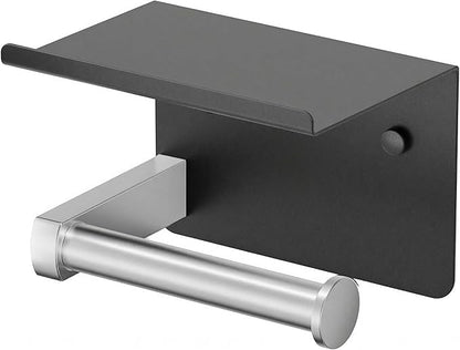 Toilet Paper Holder with Shelf, Adhesive or Screw Wall Mount Toilet Paper Roll Holder for Bathroom, Rustproof 304 Toilet Roll Tissue Holder Dispenser with Phone Shelf (1, Matte Black & Brushed Nickel)
