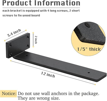 4 Pack Shelf Brackets 12 Inch Floating Shelf Bracket 1/5 inch Thick Heavy Duty Hidden Shelf Brackets Iron Metal Brackets for Shelf Support with Screw Included