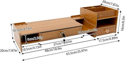 Wood Computer Monitor Stand for Desk Monitor Riser with Drawers & Lock Monitor Stand Organizer Desk Storage Shelf Office Desk Accessories for PC, Laptop, Printer (Wood, 4.13'' H)