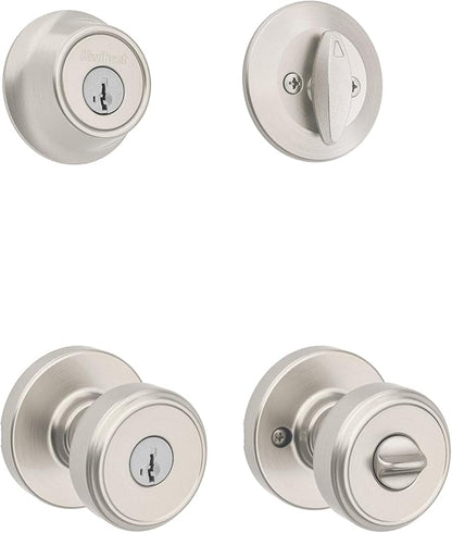 Kwikset Maven Front Door Lock Handle and Deadbolt Set, Entry Handleset Round Exterior with Interior Door Knob, Secure Locking Deadbolt, Satin Nickel, with Microban Protection