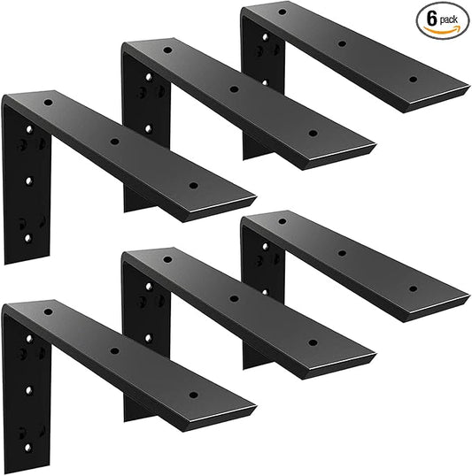 WINKER Countertop Support Bracket 6 Pack Heavy Duty 3/8" Thick Hidden L Shelf Bracket 12" x 6" x 2.5" Metal Corbels for Quartz/Granite/Wood/Concrete/Laminate Countertops, Black