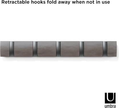 Umbra Flip Wall-Mounted Coat Rack with 5 Hooks – Modern, Space-Saving Storage for Hats, Jackets, Bags, Entryway, Mudroom, Closet, Bathroom, Bedroom – Grey/Pewter