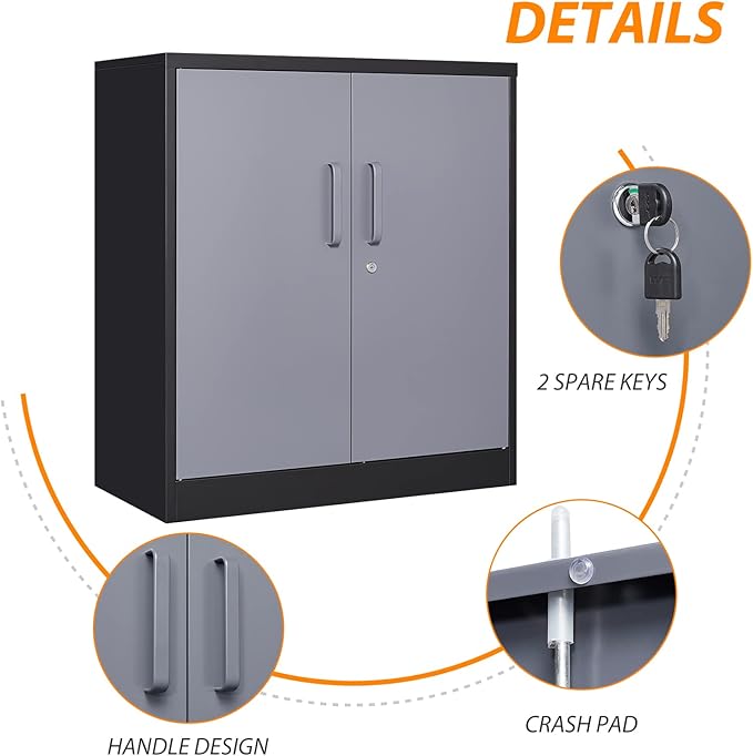 Metal Storage Cabinet, Storage Cabinet with 2 Doors and Shelves, Metal Cabinet with Lock, Small Lockable Cabinet for Home Office (Black Grey)