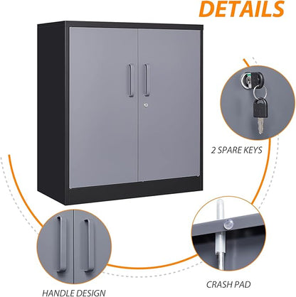 Metal Storage Cabinet, Storage Cabinet with 2 Doors and Shelves, Metal Cabinet with Lock, Small Lockable Cabinet for Home Office (Black Grey)