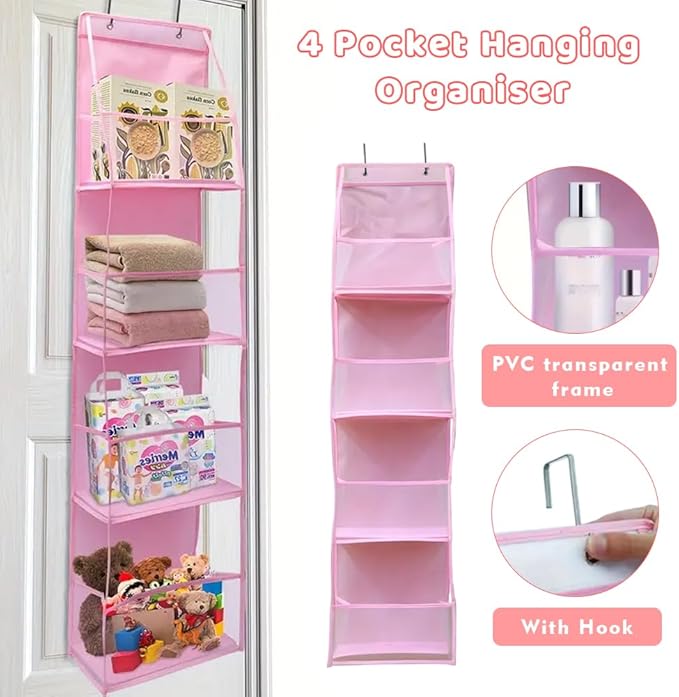 Bibabala Over The Door Organizer Storage,4 Shelf Swing-Proof Behind Door Organizers with Metal Hooks,Closet Hanging Organizer with 4 Large Clear Pocket for Bedroom,Bathroom,Pantry(Pink)