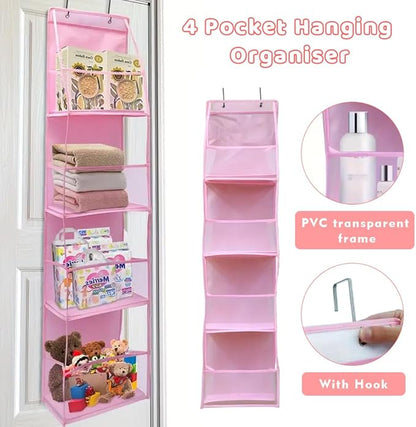 Bibabala Over The Door Organizer Storage,4 Shelf Swing-Proof Behind Door Organizers with Metal Hooks,Closet Hanging Organizer with 4 Large Clear Pocket for Bedroom,Bathroom,Pantry(Pink)