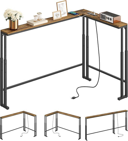 78.7" Narrow Console Table with Adjustable Height (27.6"-35.4"), L Shaped Sofa Table Narrow Long, Skinny Behind Couch Table with USB-C Ports, 5.9" Wide Sofa Side Table, Rustic Brown CT29UBR