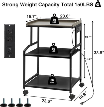 Lauren&Harold 34'' Printer Stand with Power Outlets & USB Ports, 3-Tier Adjustable Rolling Cart, Heavy Duty 150LBS Storage Table with Wheels for Office, Kitchen, Living Room, Black