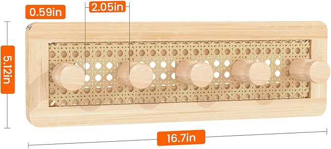 Homode Wooden Wall Hooks, Wall Mounted Coat Rack for Entryway, Boho Wood Pegs for Hanging Coats and Hats, Decorative Coat Hanger Purse Holder for Towel Key Jacket Bag Leash Cap
