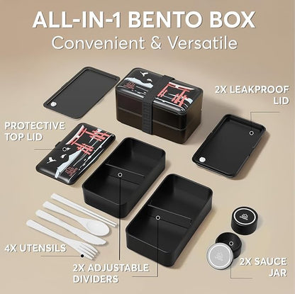 Umami Bento Box Adult All-In-1 w/4 Utensils, 2Sauce Jars, 2 Dividers, 100% Leakproof, Microwave & Dishwasher Safe, Stackable Bento Lunch Box Containers for Men/Women, Matte Black - Miyajima, 40 oz