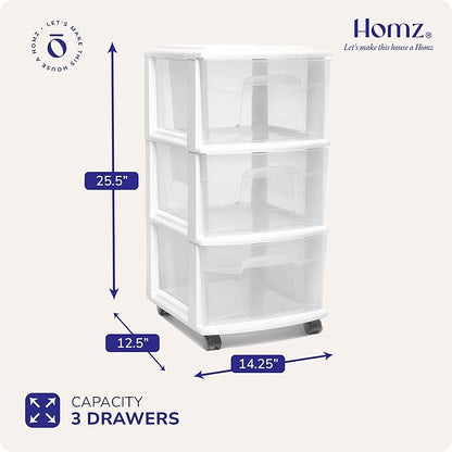 HOMZ Drawer Tower, 3-Tier Rolling Storage Cart with Removable Wheels, White Frame – Plastic Organizer with Clear Bin Drawers for Bedroom, Bathroom, Home Office, and Dorm Room