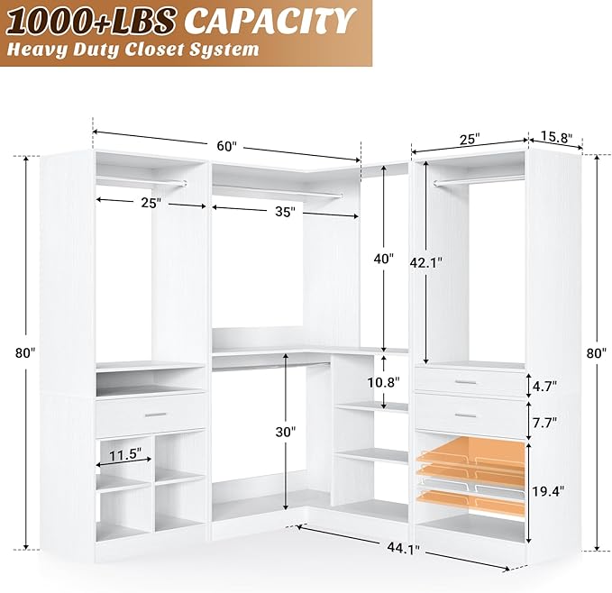 Unikito 86" Corner Closet System, Modular Closets Organizer with 4 Hanging Rods and Storage Shelves, Freestanding Adjustable Wood Clothes Garment Rack with Drawers, Sturdy Walk in Closet Tower, White