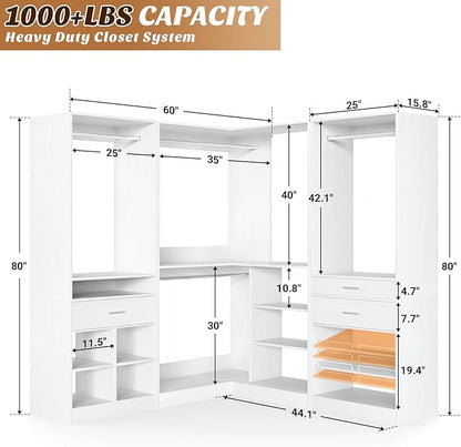 Unikito 86" Corner Closet System, Modular Closets Organizer with 4 Hanging Rods and Storage Shelves, Freestanding Adjustable Wood Clothes Garment Rack with Drawers, Sturdy Walk in Closet Tower, White