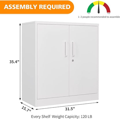 MIIIKO Metal Storage Cabinet with Locking Doors, 2-Door Locker with 2 Shelves, White Metal Cabinet with Lock for Home Office, Garage, Utility Room, Kitchen and School