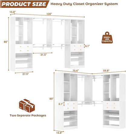 10FT Closet System with 4 Drawers, 120" Closet Organizer System with 6 Hanging Robs & Reversible Shelving, Closet Systems for Walk-in Closets, White