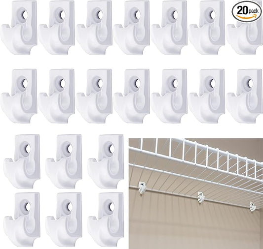 Amyhill 20 Pieces Wire Shelf Clips Down Wall Brackets Wire Shelving Accessories Plastic Heavy Duty Shelf Bracket Clips for Metal Shelving Screws and Expansion Tube Not Included (White)