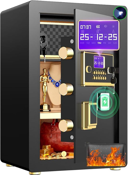 Safe Box with Digital Keypad & Alarm System - Electronic Lock Box for Jewelry Cash with Adjustable Shelves - Includes LED Light & Fireproof and Waterproof Bag(0.8/1.0/1.3/1.53/2.5Cuft)
