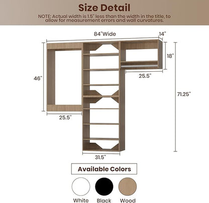 ROOMTEC Modular Closet System, 84" Wall-Mounted Closet Organizer with Hanging Rods, Modern Wooden Tower for Walk-In Closets, Wardrobe Storage Kit, Wood