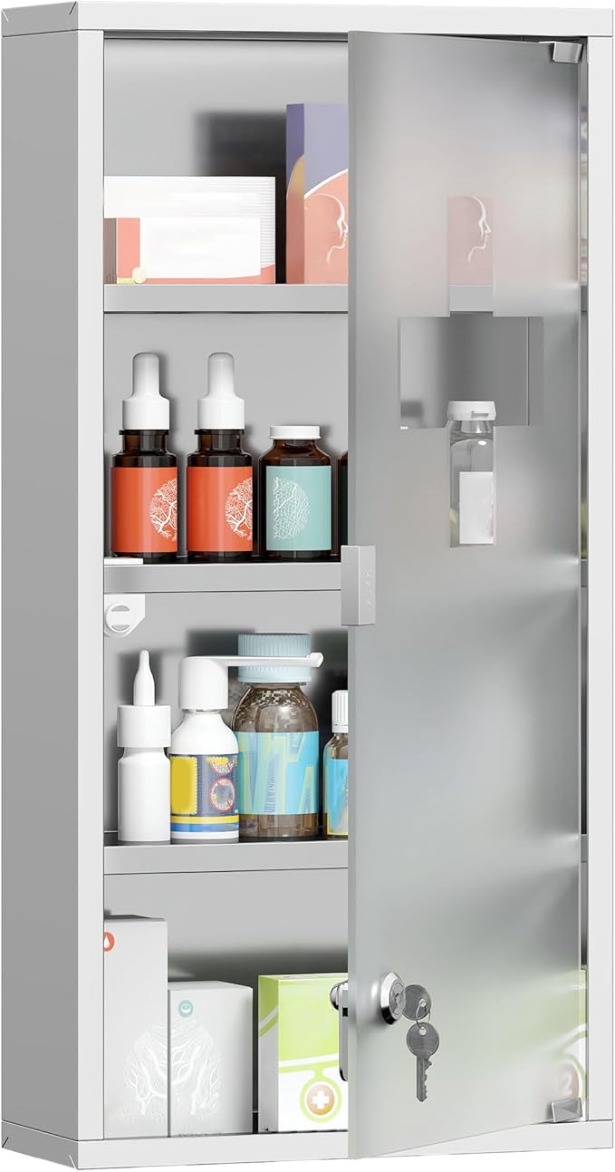 HOMCOM Wall Mounted Medicine Cabinet, Locking Wall Cabinet with 4 Tier Shelves, Stainless Steel Frame and Glass Door, Lockable with 2 Keys, Silver, 12" x 24"