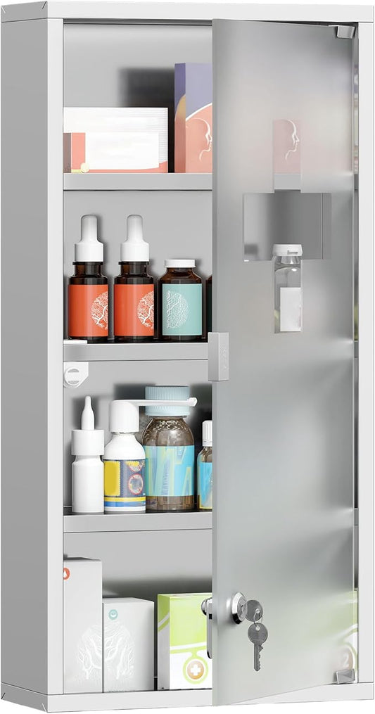 HOMCOM Wall Mounted Medicine Cabinet, Locking Wall Cabinet with 4 Tier Shelves, Stainless Steel Frame and Glass Door, Lockable with 2 Keys, Silver, 12" x 24"