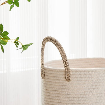 VIPOSCO Large Laundry Hamper, Tall Woven Rope Storage Basket for Blanket, Toys, Dirty Clothes in Living Room, Bathroom, Bedroom - 53L White & Brown