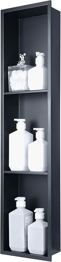 Tall Niche Three-Tiered Shelves Embedded in The Wall，Shower Niche No Tile Needed for Bathroom Niche Decor ，Stainless Steel（Black 8"x 36"）