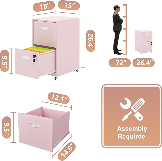 2 Drawer Rolling File Cabinet on Wheels, Mobile Two Drawer Filing Cabinet with Lock, Small Files Cabinets for Under Desk, Metal Filing Cabinets for Letter Size Folders, Pink - Assembly Required
