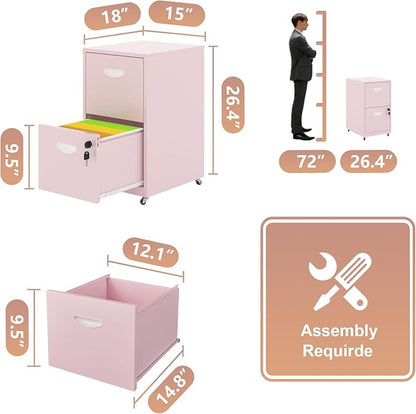 2 Drawer Rolling File Cabinet on Wheels, Mobile Two Drawer Filing Cabinet with Lock, Small Files Cabinets for Under Desk, Metal Filing Cabinets for Letter Size Folders, Pink - Assembly Required