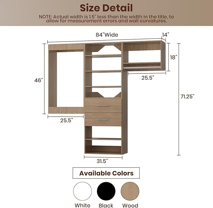 ROOMTEC Modular Closet System, 84" Wall Mounted Modern Closet Organizer with Hanging Rods and Drawers, Wooden Tower for Walk-In Closets, Wardrobe Storage Kit, Wood