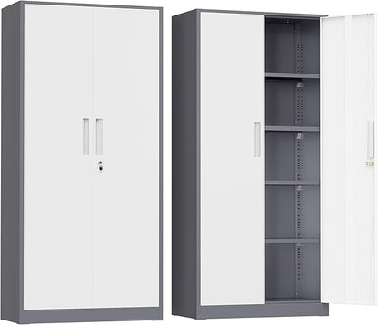 Greenvelly Metal Garage Storage Cabinet, 72" Steel Locking Storage Cabinet with 2 Doors and 4 Adjustable Shelves, Metal Tool Cabinets, Lockable File Cabinets for Home Office, Garage (Gray White)
