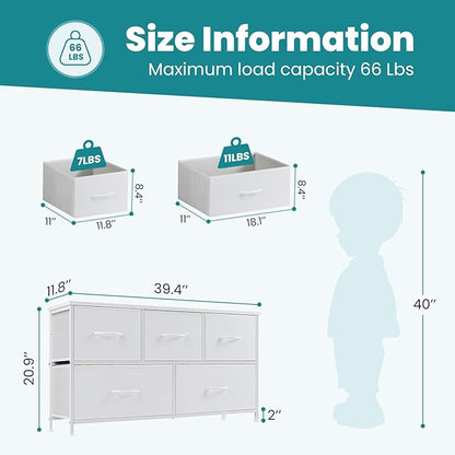 OLIXIS Dresser for Bedroom with 5 Drawers, Wide Chest of Drawers, Fabric Bedroom Dresser with Drawer Organizers, Storage Organizer Unit with Fabric Bins for Closet, Living Room, Hallway, Classic White