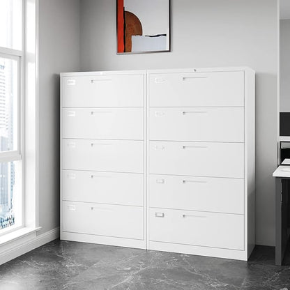 Lateral File Cabinet with 5 Drawers - White Metal Steel Filling Cabinets for Home Office - Lockable Storage Cabinet for Hanging Files Letter/Legal/F4/A4 Size-Assembly Required
