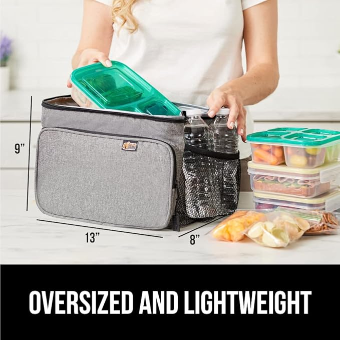 GORILLA GRIP Insulated Lunch Box Bag for Women Men,15L, Leakproof XL Reusable Soft Cooler Bags, Multiple Compartments, Mesh Pockets and Adjustable Strap, Food Tote Keeps Drinks Cold, 13x9, Light Gray