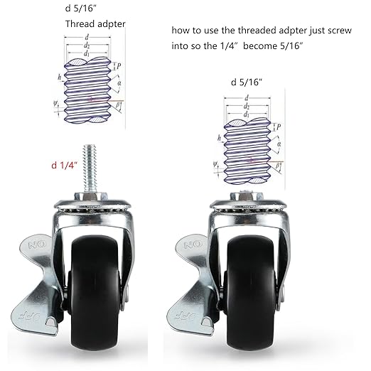 2-Inch Caster Roller for Storage Shelving Unit, Set of 4,Black,1/4",5/16",3/8",M8,M10 Thread Stem All Included,Universal for Steel Organizer Wire Rack