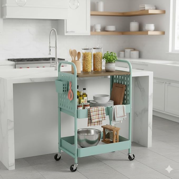 danpinera 3 Tier Rolling Cart, Metal Storage Cart with Wooden Tabletop, Storage Cart with DIY Pegboards & Locked Wheels, Hooks & Hanging Cups for Any Room