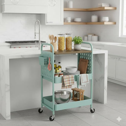 danpinera 3 Tier Rolling Cart, Metal Storage Cart with Wooden Tabletop, Storage Cart with DIY Pegboards & Locked Wheels, Hooks & Hanging Cups for Any Room
