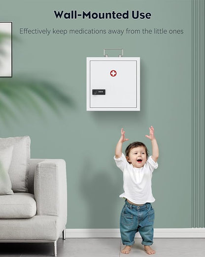 Uniclife Wall Mount Medicine Cabinet with Combination Lock & Handle Locking First Aid Cabinet Lockable Medical Cabinet Medium Medicine Organizer Secure Steel Wall Cabinet Metal Storage Box, White